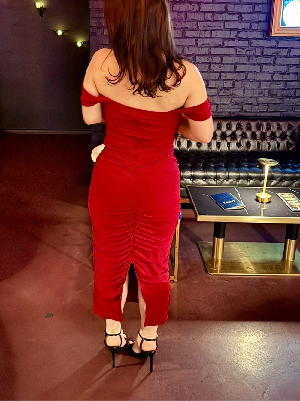 Off-Shoulder Ruched Red Midi Dress - Picture 3 of 3